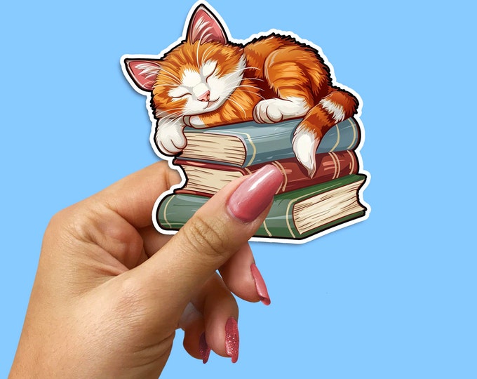 Cat on Books Sticker: Whimsical Bookworm Decal