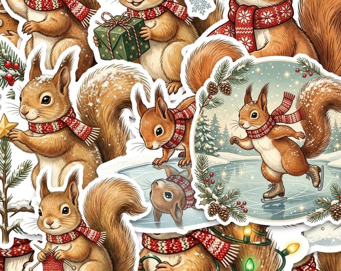 15-Piece Christmas Squirrel Sticker Pack, 2-Inch Glossy Vinyl Woodland Winter Decals