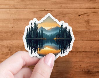 Mountain Lake Sunset Stickers, Nature Reflection Decals, Outdoor Adventure, Scenic Landscape Art, Laptop Stickers, Planner Stickers