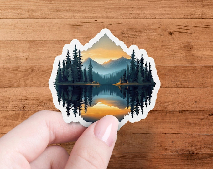 Mountain Lake Sunset Stickers, Nature Reflection Decals, Outdoor Adventure, Scenic Landscape Art, Laptop Stickers, Planner Stickers