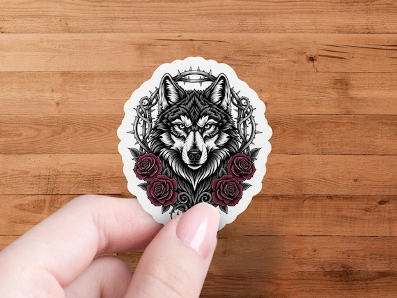 Wolf Roses Sticker Gothic-Floral-Animal Decal Laptop Water Bottle Tattoo Art Dark Edgy Unique Design