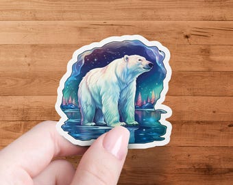Polar Bear Aurora Sticker, Arctic Wildlife Decal, Northern Lights Art, Animal Lover Gift, Nature Inspired Sticker, Waterproof Decal