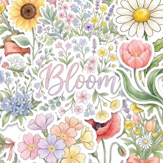 Watercolor Spring Flower Sticker Pack Glossy Floral Garden Stickers Set of 15