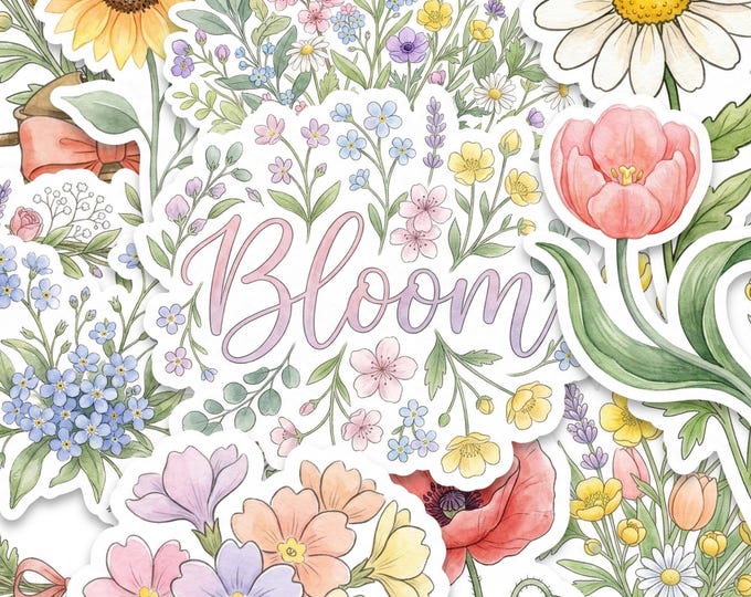 Watercolor Spring Flower Sticker Pack Glossy Floral Garden Stickers Set of 15