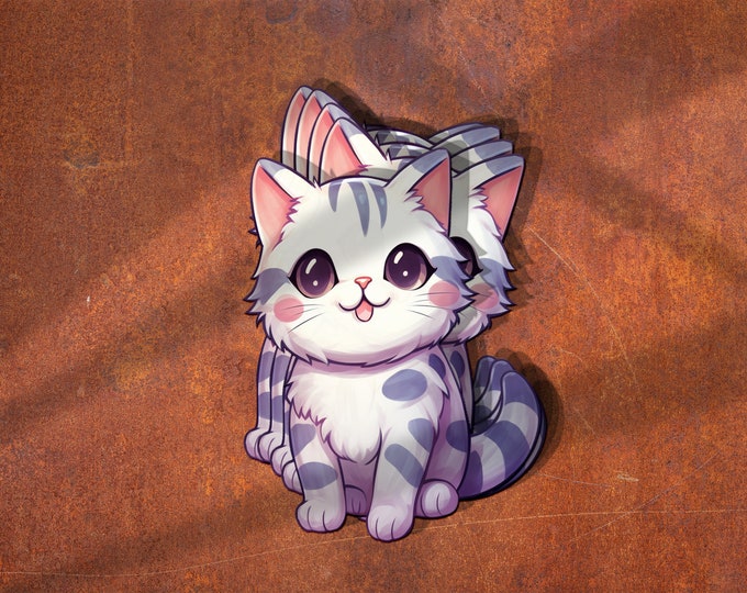 Kawaii Grey Cat Sticker: Handmade Watercolor Kitty Decal
