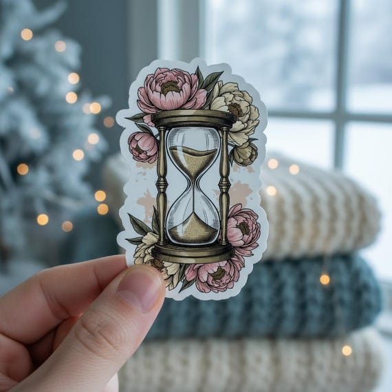 Vintage Hourglass Peony Sticker – Waterproof Floral Vinyl Decal for Journals, Bottles, Gifts