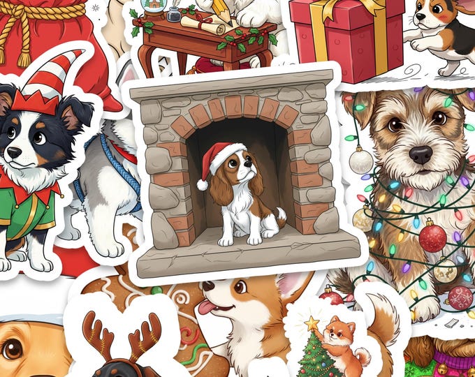 Christmas Dog Sticker Pack 15 Piece Illustrated Holiday Puppy Stickers