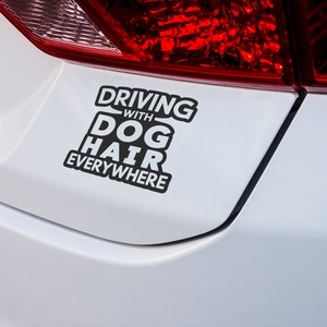 Autosticker grappig hondenhaar - bumpersticker "Rijden met overal hondenhaar", uniek autodecor, geweldig cadeau voor honden, moeders en vaders
