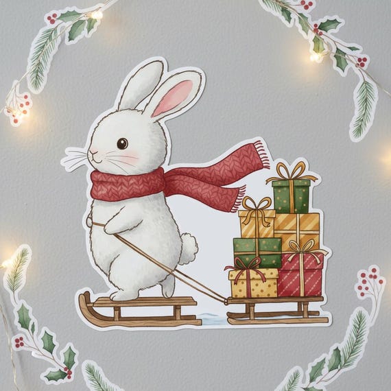 Woodland Bunny Christmas Sled Sticker: Waterproof Winter Decal