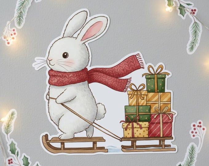 Waterproof Woodland Bunny Christmas Sled Sticker - Winter Holiday Vinyl Decal for Laptop Bottle Gifts