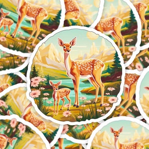 Encantadora pegatina de vinilo Doe y Fawn Meadow Scene / pegatina inspirada en la naturaleza, duradera y resistente al agua para computadoras portátiles, botellas de agua