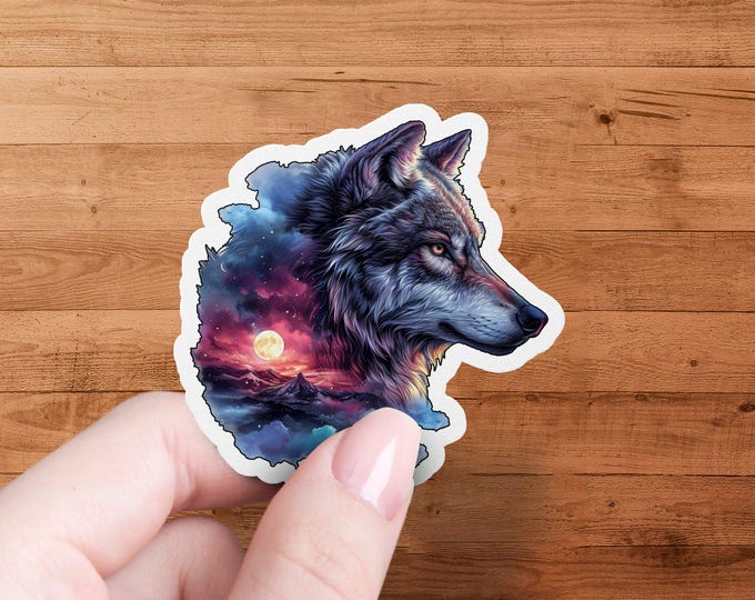 Cosmic Wolf Head Sticker: Moonlight Mountain Art, Waterproof Die Cut