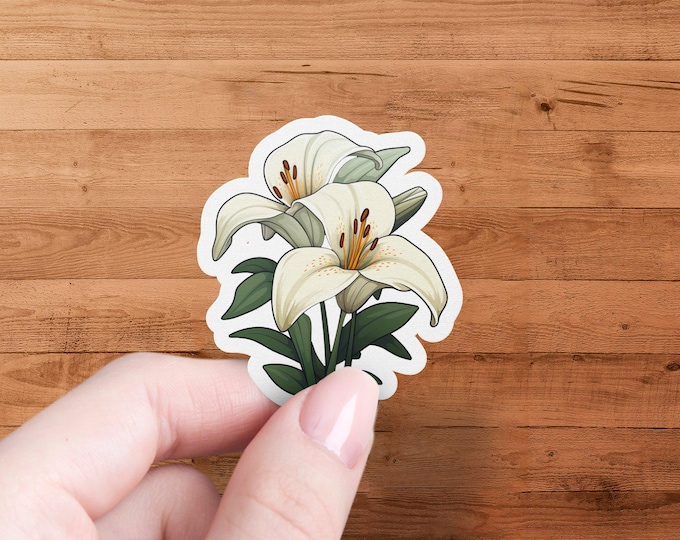 Elegant White Lily Flower Sticker, Botanical Illustration Sticker, Waterproof Decal, Laptop Decor, Floral Art Sticker, Gift for Plant Lovers