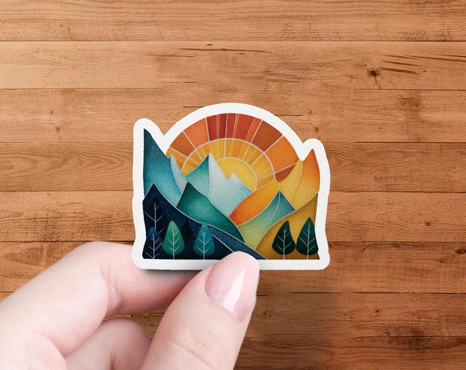 Sunrise Mountain Sticker, Watercolor Style Sticker, Nature Landscape, Colorful Graphic Art, Laptop Sticker, Planner Sticker, Water Bottle