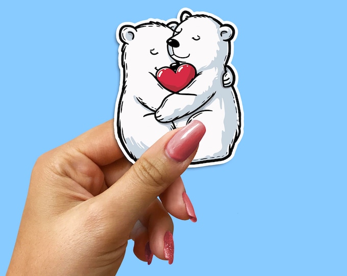 Hugging Polar Bear Heart Sticker - Arctic Animal Nursery Wall Decor Kids Room Art Gift