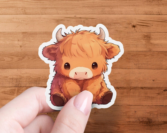 Cute Highland Cow Sticker, Kawaii Animal Vinyl Decal, Laptop Decor, Water Bottle Sticker, Scrapbook Supplies, Cartoon Cow Sticker