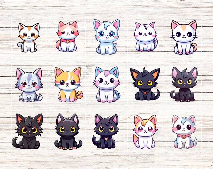 15-Pack Kawaii Kitten Stickers, Water-Resistant Cat Decals