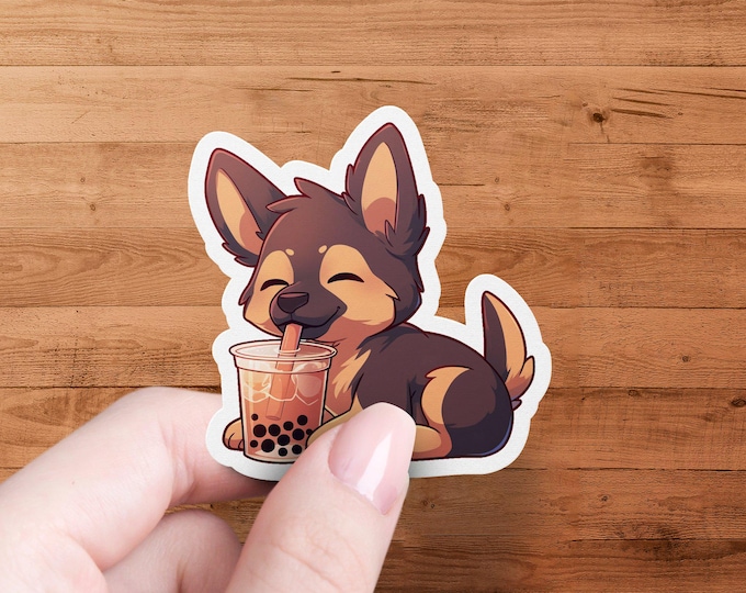Cute German Shepherd Puppy Drinking Bubble Tea Sticker, Adorable Dog Sticker for Laptops Water Bottles and Journals