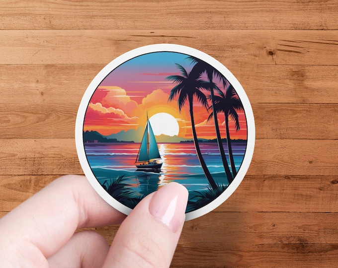 Sunset Beach Sailboat Sticker, Tropical Ocean Vinyl Decal, Sailboat and Palm Trees in Bright Sunset, Coastal Art Sticker