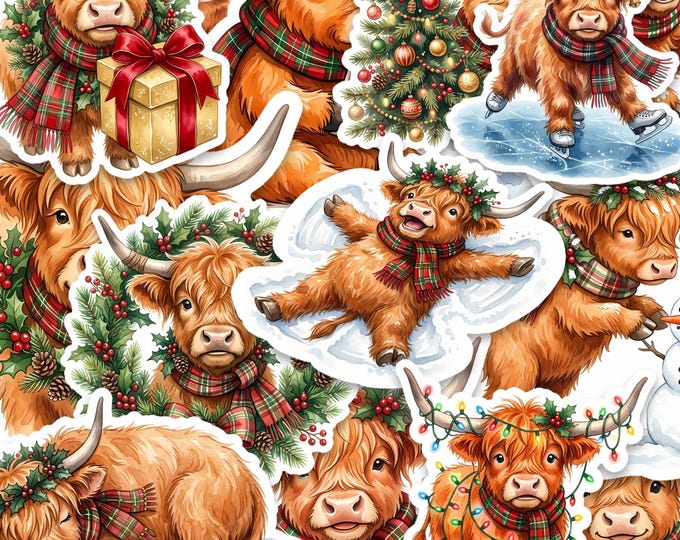 Highland Cow Christmas Vinyl Sticker Pack, 15 Watercolor Festive Cow Stickers, 2 Inch Glossy