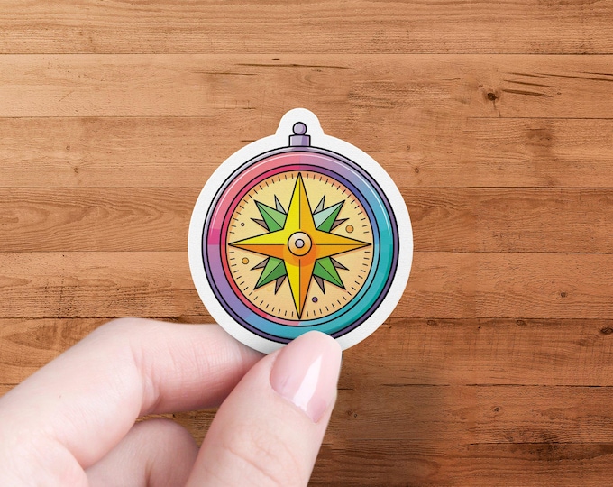Colorful Compass Sticker, Compass Die Cut Sticker, Waterproof Compass Decal, Laminated Adventure Sticker, Compass Vinyl Sticker