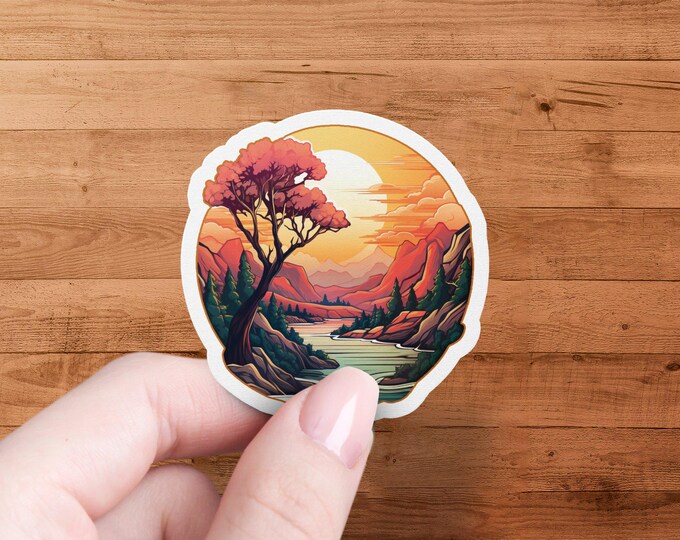 Sunset Mountain Scene, Nature Landscape Sticker, Outdoor Adventure Vinyl Decal, Vibrant Scenic Art, Hiking Trail, Water Resistant