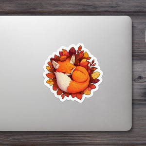 Cute Sleeping Fox Sticker, Autumn Leaves Fox Decal, Adorable Animal Art ...