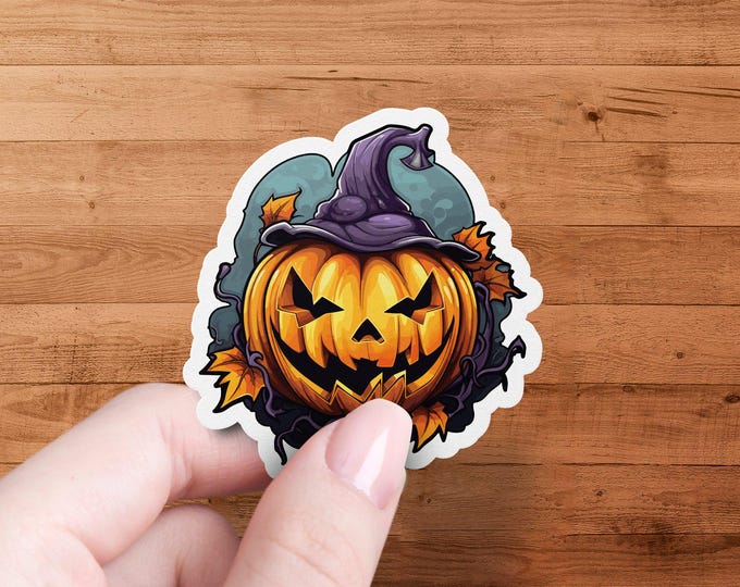 Halloween Jack O Lantern Sticker, Spooky Pumpkin Sticker, Fall Halloween Decor, Gothic Witch Hat Sticker, Halloween Party Favors