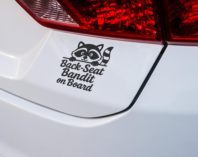Cute Raccoon Backseat Bandit Car Decal – Baby on Board Vinyl Sticker in Multiple Colors – Funny Animal Sign for Rear Window or Bumper