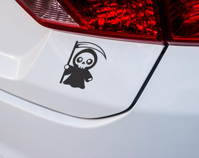 Cute Grim Reaper Vinyl Decal for Car, Laptop, or Water Bottle – Gothic Halloween Sticker, Spooky Kawaii Reaper Vinyl Art