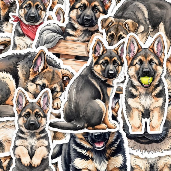 Glossy German Shepherd Puppy Sticker Pack, 15 Two Inch Dog Decals