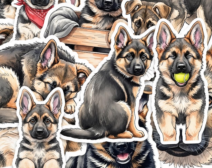 Glossy German Shepherd Puppy Sticker Pack, 15 Two Inch Dog Decals