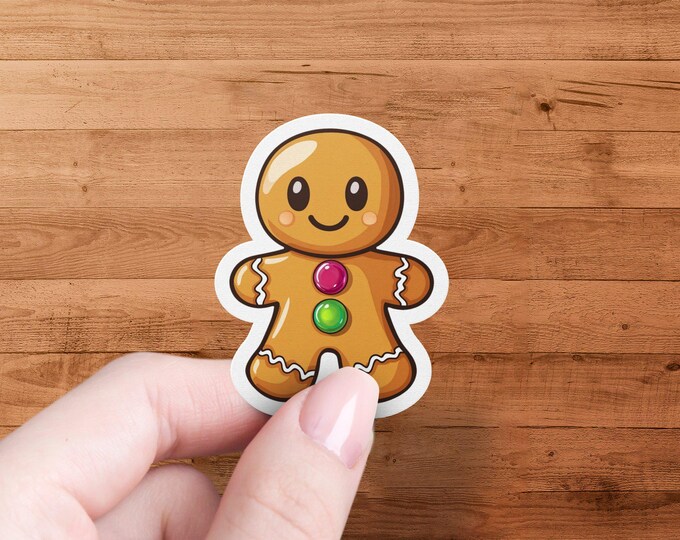 Cute Gingerbread Man Sticker, Waterproof Die Cut Sticker, Laminated for Protection, Multiple Sizes Available