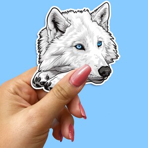 Puede incluir: Pegatina de lobo blanco con ojos azules, mirando hacia la derecha, con una pata apoyada en la barbilla. La pegatina está sostenida en una mano con esmalte de uñas rosa.