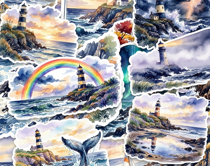 Watercolor Lighthouse Vinyl Sticker Pack, 15 Coastal Ocean Stickers, 2 Inch Glossy Decals