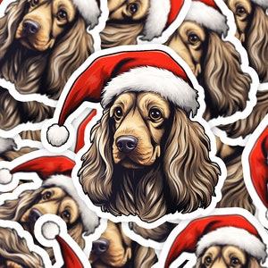 Adorable sticker cocker spaniel anglais - Chiot de Noël avec chapeau de fête, sticker chien mignon pour les vacances, cadeau parfait pour les amoureux des chiens