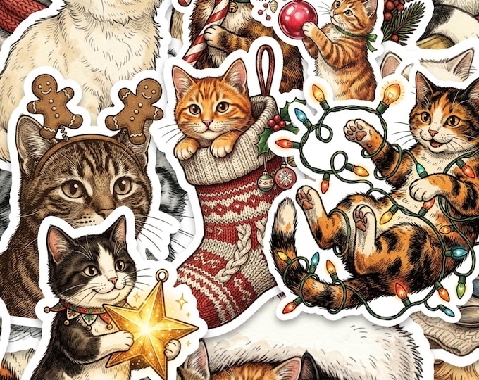 Vintage Christmas Cat Sticker Pack, 15 Glossy Vinyl Stickers, 2 Inch Retro Kittens