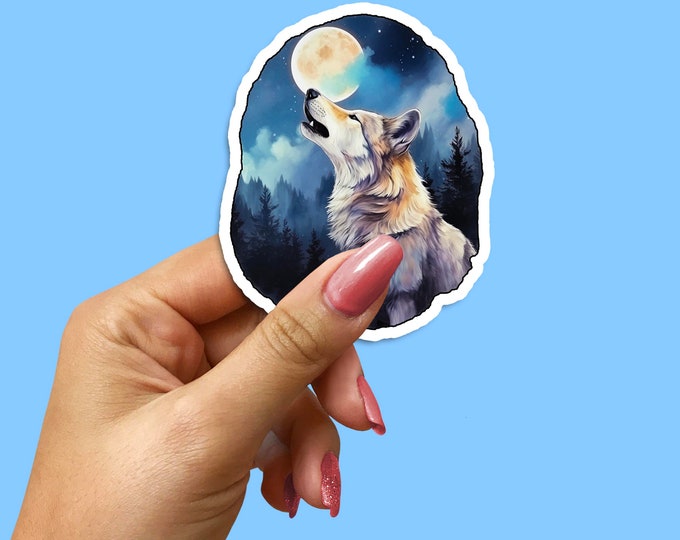 Majestic Wolf Howling Moon & Forest Backdrop Sticker | Enchanting Wildlife Decal | Unique Nature-inspired Adhesive Art