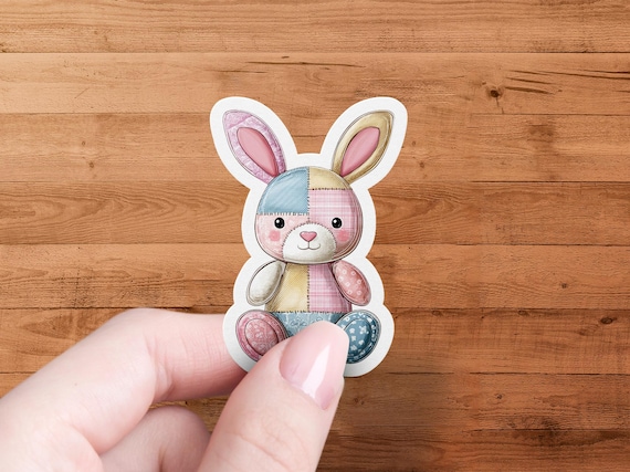 Patchwork Bunny Sticker Cute Animal Decal for Laptop, Water Bottle & Planner, Unique Handmade Craft Gift for Kids and Adults