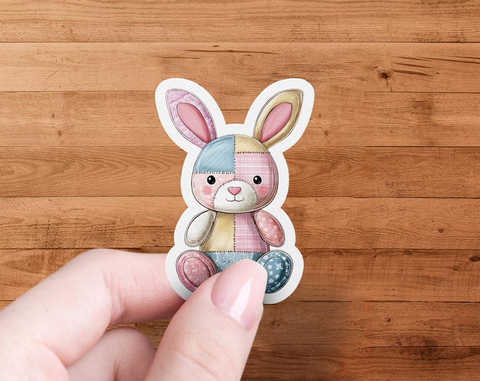 Patchwork Bunny Sticker Cute Animal Decal for Laptop, Water Bottle & Planner, Unique Handmade Craft Gift for Kids and Adults