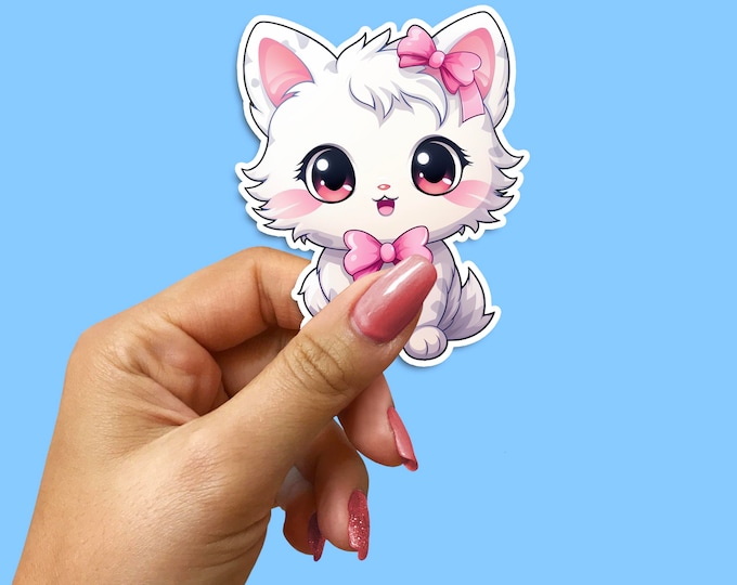 Fluffy Kitten Sticker: Adorable Cat with Sparkling Eyes