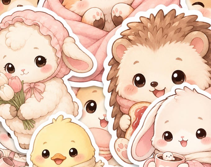 Kawaii Animal Sticker Pack, 2 Inch Glossy Pastel  Animals, 10 Piece Set