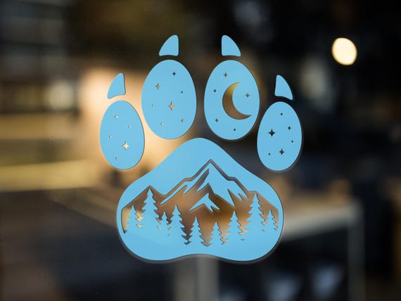 Dog Paw Vinyl Decal – Mountain Forest Night Sticker for Car, Laptop, Water Bottle