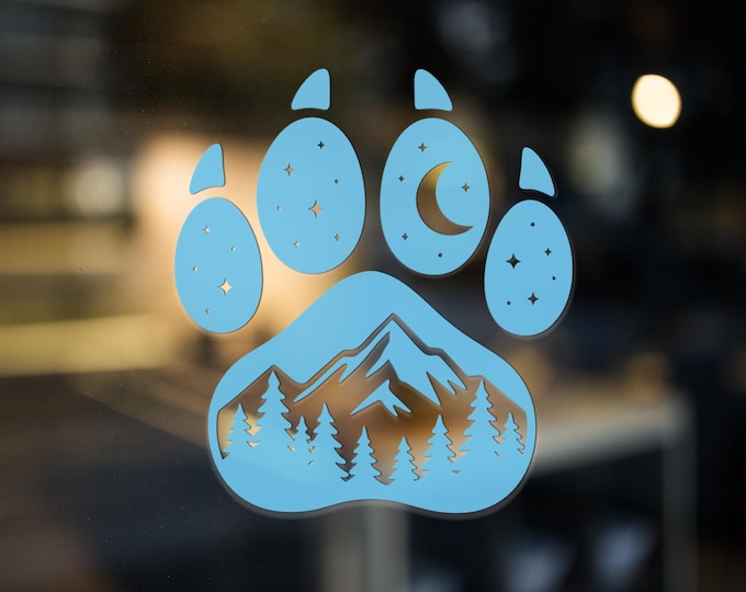 Dog Paw Vinyl Decal – Mountain Forest Night Sticker for Car, Laptop, Water Bottle