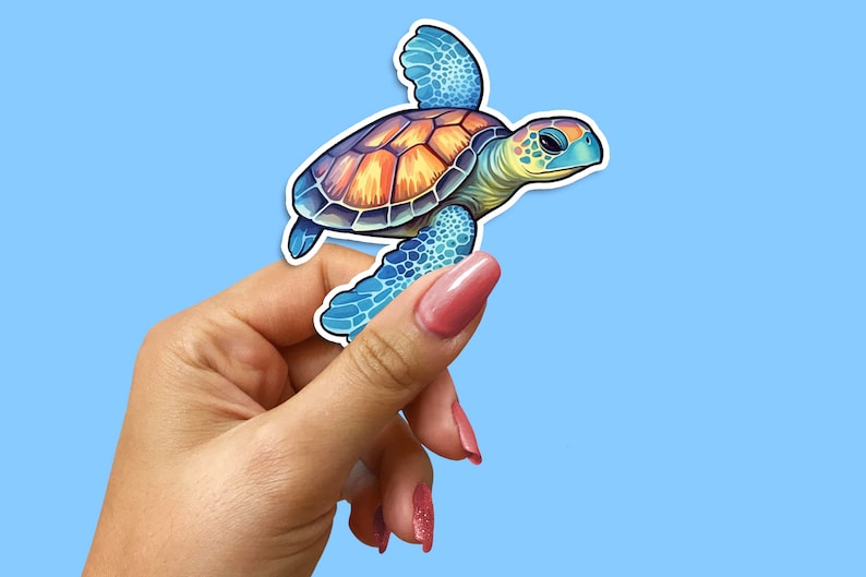 May include: A colorful sticker of a sea turtle with blue and orange shell and flippers. The turtle is swimming with its head up and its mouth slightly open.