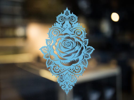 Ornate Rose Floral Vinyl Decal in Intricate Scrollwork Design