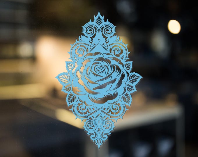 Ornate Rose Floral Vinyl Decal in Intricate Scrollwork Design