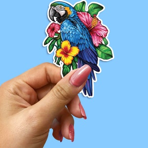 Blauer Ara Aufkleber, Tropische Blumen Aufkleber, Papagei Klebekunst, Regenwald Vogel Emblem, Hibiskus & Plumeria, wasserfestes Vinyl, Exotische Fauna