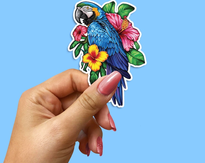 Blue Macaw Sticker: Tropical Hibiscus & Plumeria, Waterproof Vinyl Decal