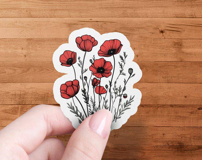 Poppy Flower Sticker, Red Poppy Decal, Floral Laptop Sticker, Water Bottle Decoration, Botanical Poppy Art, Aesthetic Flower Sticker
